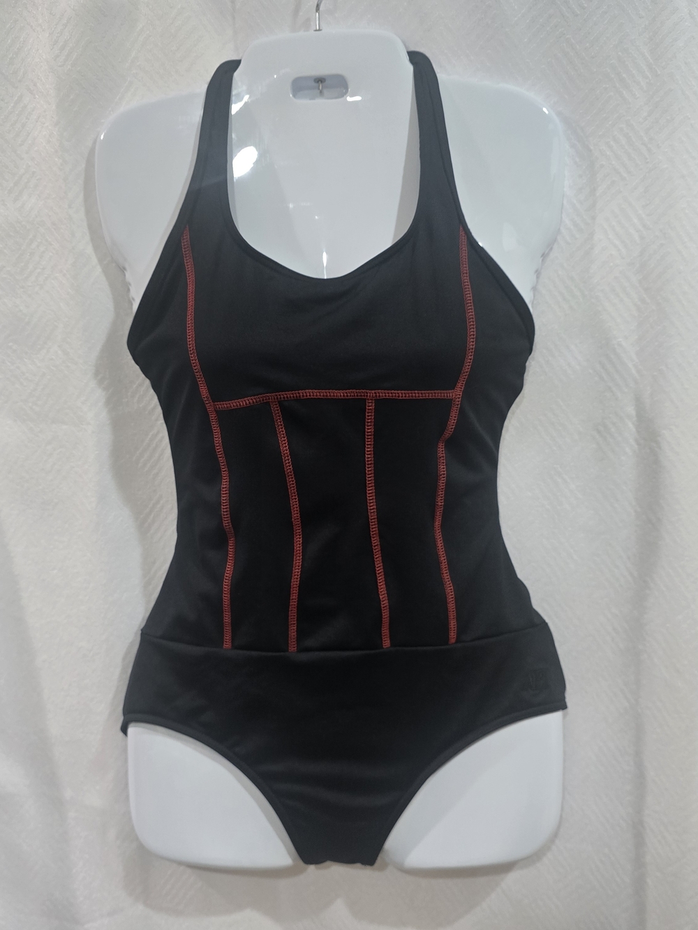 Women’s Black One-Piece Swimsuit with Red Stitching